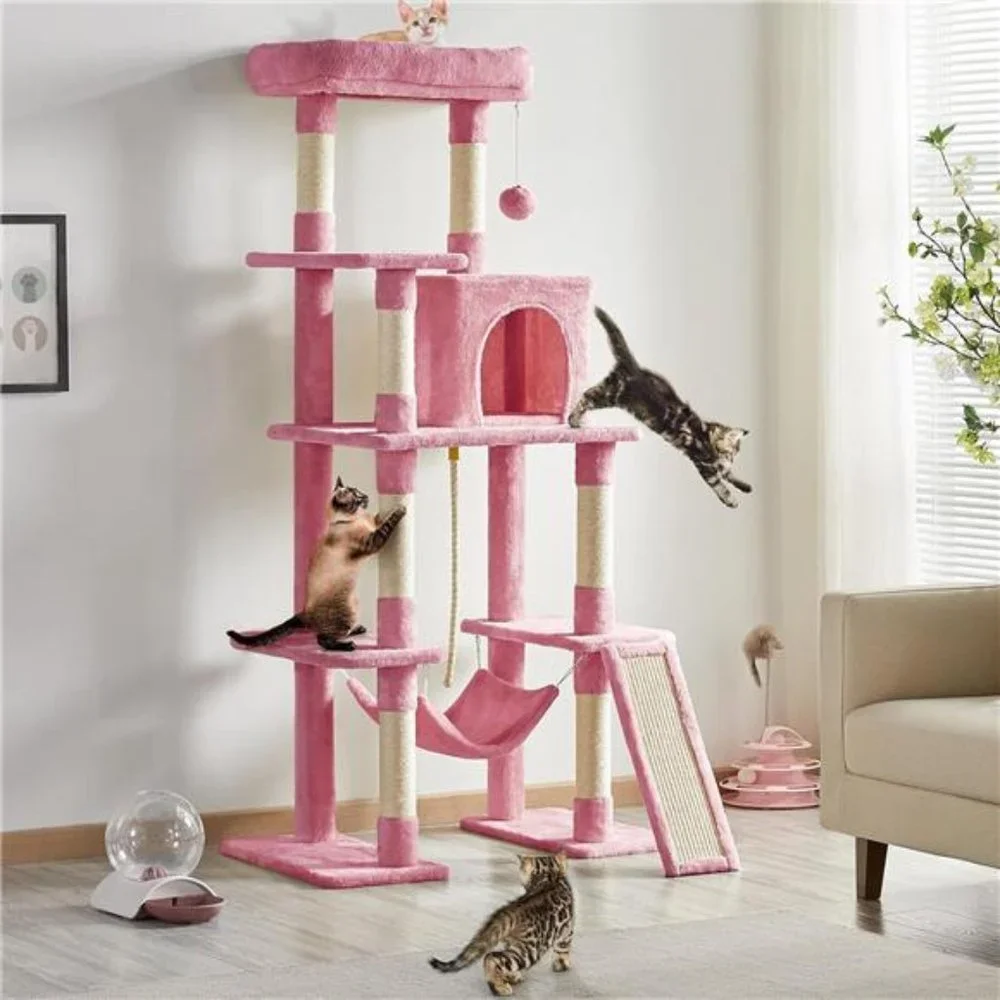 63in Multi-Level Tall Cat Tree w/Sisal-Covered Scratching Posts & Condo, Pink